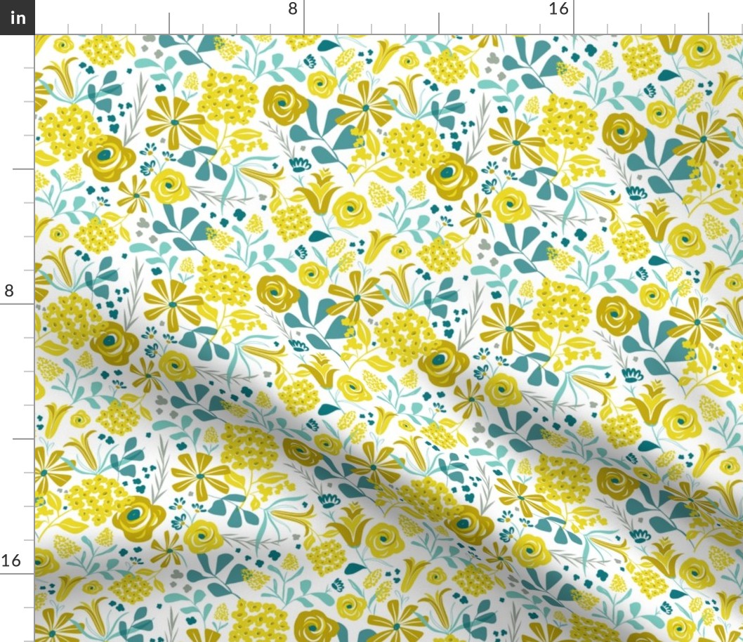 Darcy - Retro Floral - Mustard Yellow & Teal Regular Scale