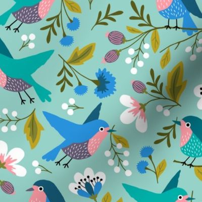 Spring birds with flowers