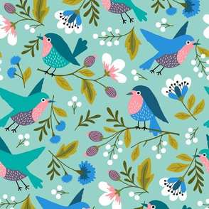 Spring birds with flowers