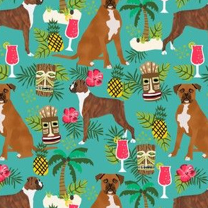 boxer tiki fabric  summer tropical fabric boxer dogs fabric - turquoise