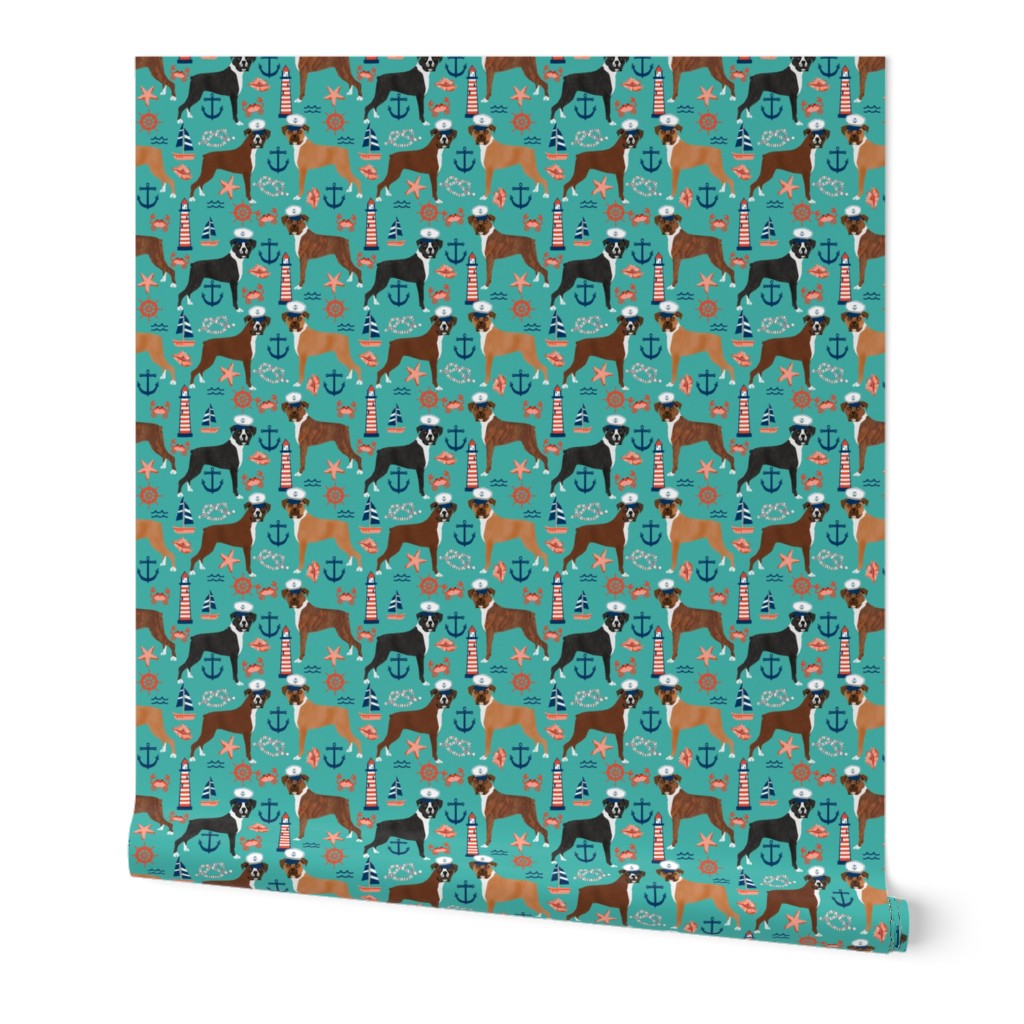 boxer nautical fabric  summer tropical fabric boxer dogs fabric - turquoise