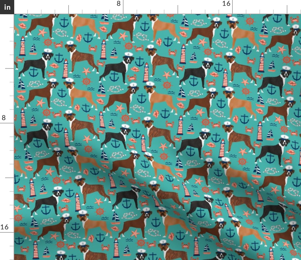 boxer nautical fabric  summer tropical fabric boxer dogs fabric - turquoise