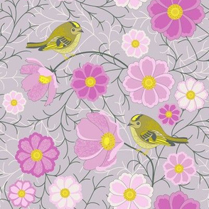 Cosmos flowers and birds