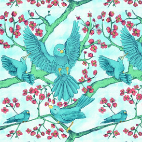 Blue birds and blossoming blooms