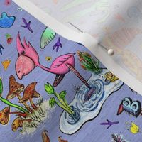 birds and flowers, large scale, violet purple lavender blue periwinkle