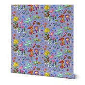 birds and flowers, large scale, violet purple lavender blue periwinkle