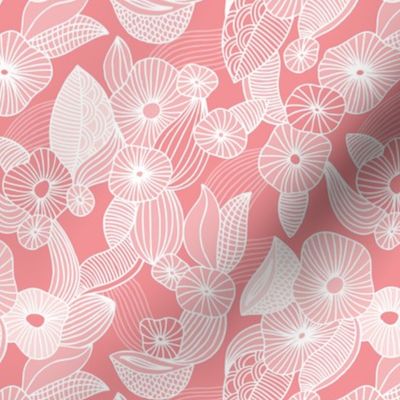 Retro mid century style flowers and blossom summer leaves pastel pink