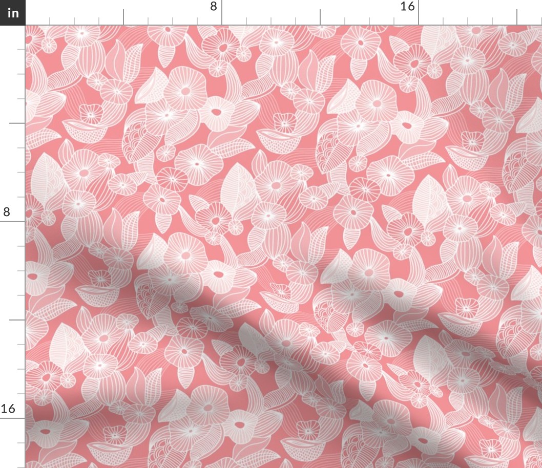 Retro mid century style flowers and blossom summer leaves pastel pink