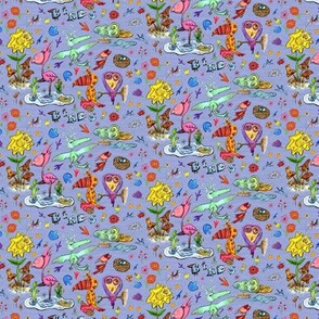 birds and flowers, small scale, violet purple lavender blue periwinkle