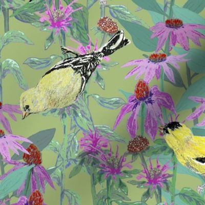 Goldfinches and Purple Flowers