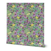 Goldfinches and Purple Flowers