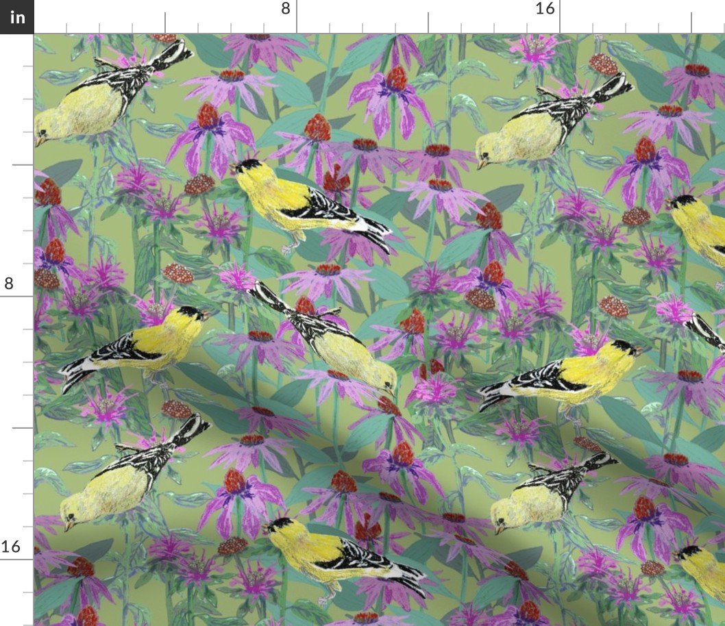 Goldfinches and Purple Flowers