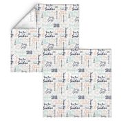 Peach Mint & Navy Blue Baby Love Words & Hearts Nursery Fabric