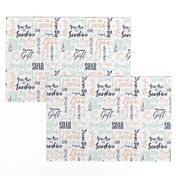 Peach Mint & Navy Blue Baby Love Words & Hearts Nursery Fabric