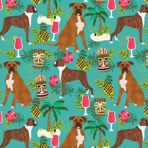 boxer tiki fabric  summer tropical fabric boxer dogs fabric - turquoise