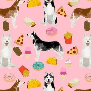 husky fabric siberian huskies junk food dog design fabric - pink