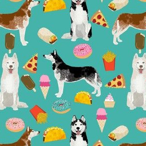 husky fabric siberian huskies junk food dog design fabric - turquoise