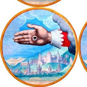 hands palms providence all seeing eyes  clouds mountains hills  houses buildings farms crops Illuminati Freemasons  Templar knights spiritual occult Masonic rituals symbolism symbols mysterious tarot cards inspired 