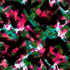 Abstract pattern of spots and daubs multicolored on black
