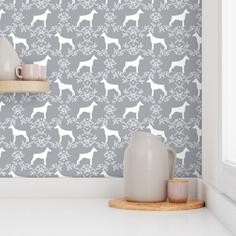 Doberman Pinscher silhouette floral grey