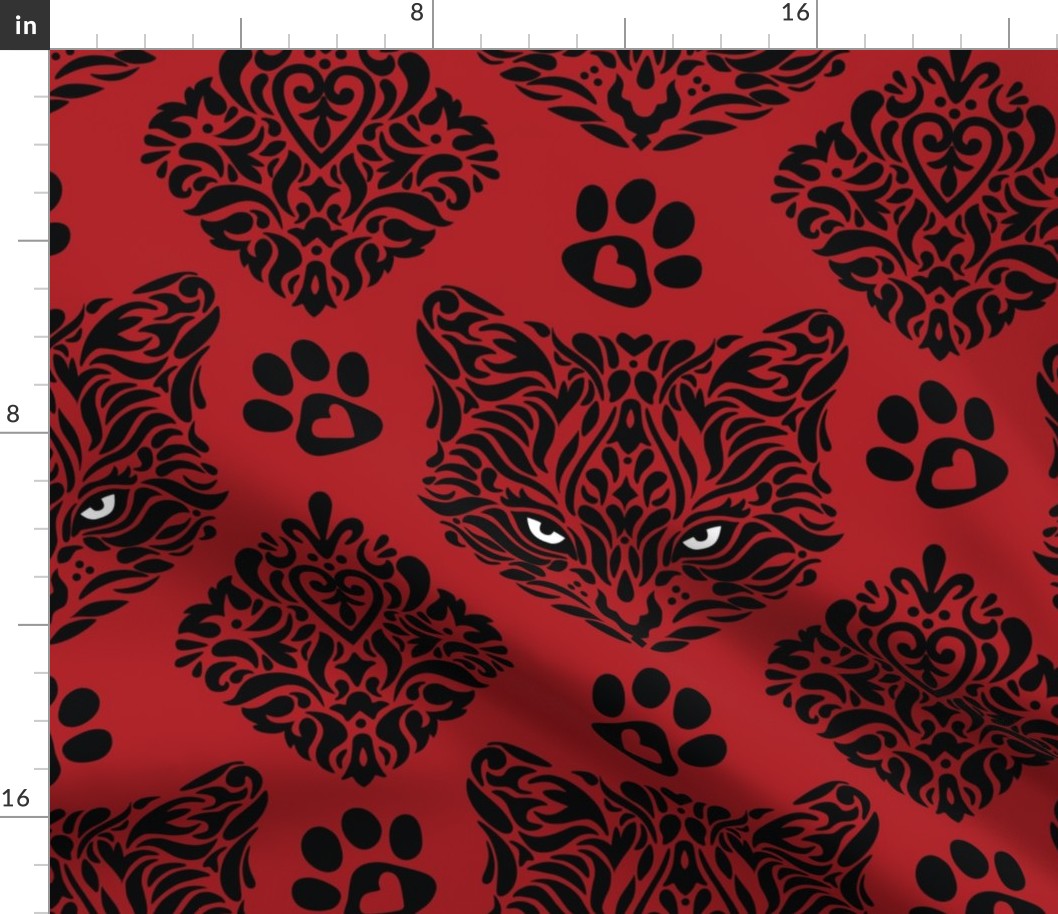 Mystic Cat Damask - Red Background 