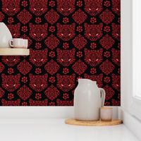 Cat Damask - Red on Black Background