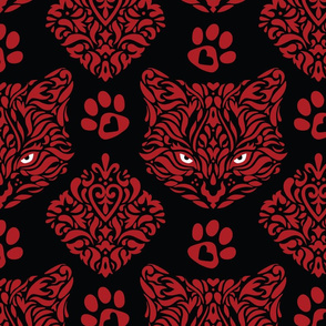 Cat Damask - Red on Black Background