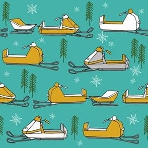 snowmobiles fabric // vintage snowmobile illustration, winter outdoors snow fabric by andrea lauren - turquoise and mustard