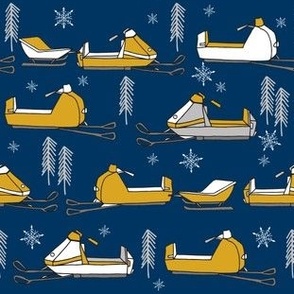 snowmobiles fabric // vintage snowmobile illustration, winter outdoors snow fabric by andrea lauren - navy and mustard
