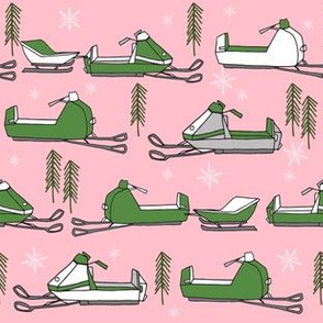 snowmobiles fabric // vintage snowmobile illustration, winter outdoors snow fabric by andrea lauren - pink and green