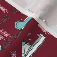 snowmobiles fabric // vintage snowmobile illustration, winter outdoors snow fabric by andrea lauren - marroon