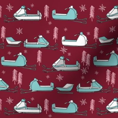 snowmobiles fabric // vintage snowmobile illustration, winter outdoors snow fabric by andrea lauren - marroon