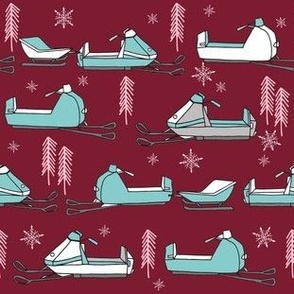 snowmobiles fabric // vintage snowmobile illustration, winter outdoors snow fabric by andrea lauren - marroon