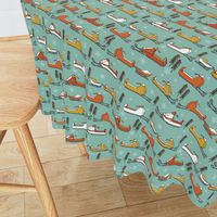 snowmobiles fabric // vintage snowmobile illustration, winter outdoors snow fabric by andrea lauren - mustard, orange