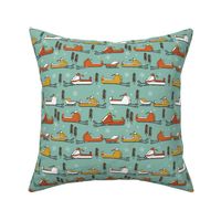 snowmobiles fabric // vintage snowmobile illustration, winter outdoors snow fabric by andrea lauren - mustard, orange