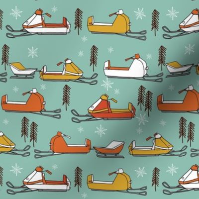 snowmobiles fabric // vintage snowmobile illustration, winter outdoors snow fabric by andrea lauren - mustard, orange