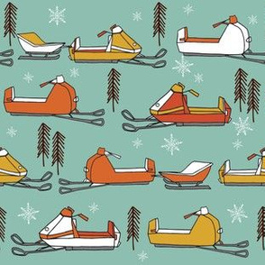 snowmobiles fabric // vintage snowmobile illustration, winter outdoors snow fabric by andrea lauren - mustard, orange