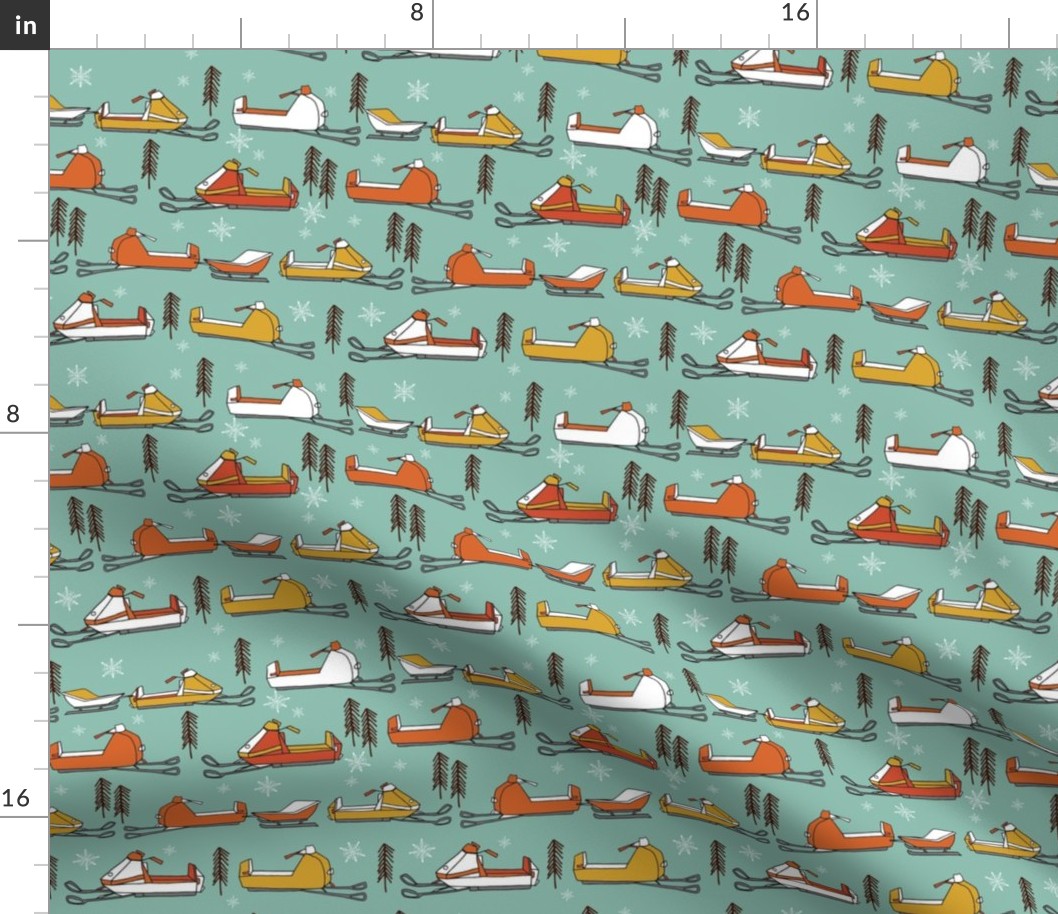 snowmobiles fabric // vintage snowmobile illustration, winter outdoors snow fabric by andrea lauren - mustard, orange