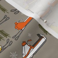 snowmobiles fabric // vintage snowmobile illustration, winter outdoors snow fabric by andrea lauren - brown