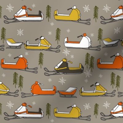 snowmobiles fabric // vintage snowmobile illustration, winter outdoors snow fabric by andrea lauren - brown