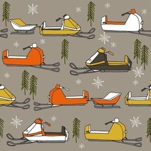 snowmobiles fabric // vintage snowmobile illustration, winter outdoors snow fabric by andrea lauren - brown