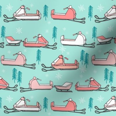 snowmobiles fabric // vintage snowmobile illustration, winter outdoors snow fabric by andrea lauren - pastel