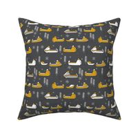 snowmobiles fabric // vintage snowmobile illustration, winter outdoors snow fabric by andrea lauren - charcoal and mustard