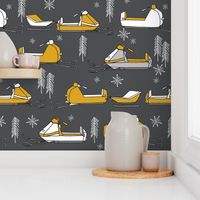 snowmobiles fabric // vintage snowmobile illustration, winter outdoors snow fabric by andrea lauren - charcoal and mustard