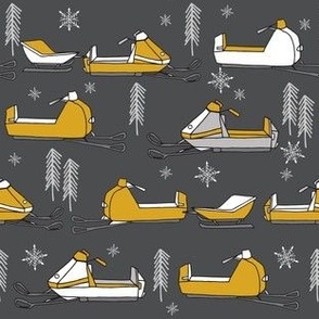 snowmobiles fabric // vintage snowmobile illustration, winter outdoors snow fabric by andrea lauren - charcoal and mustard