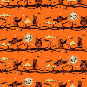 Vintage Halloween Full Moon Owls
