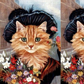 cats Maine Coon flowers floral bouquet roses daisy daisies lily lilies feathers shawl hats sky clouds vintage retro Anthropomorphic whimsical animals colorful