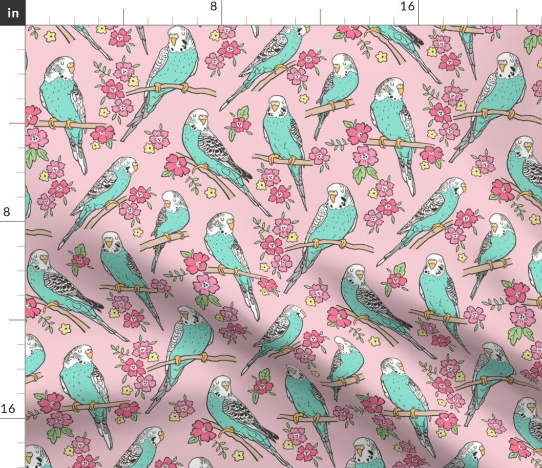 Budgie Birds With Blossom Flowers on Pink