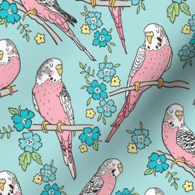Budgie Birds With Blossom Flowers on Light Blue