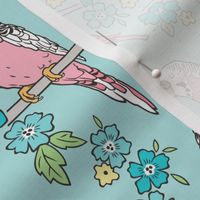 Budgie Birds With Blossom Flowers on Light Blue